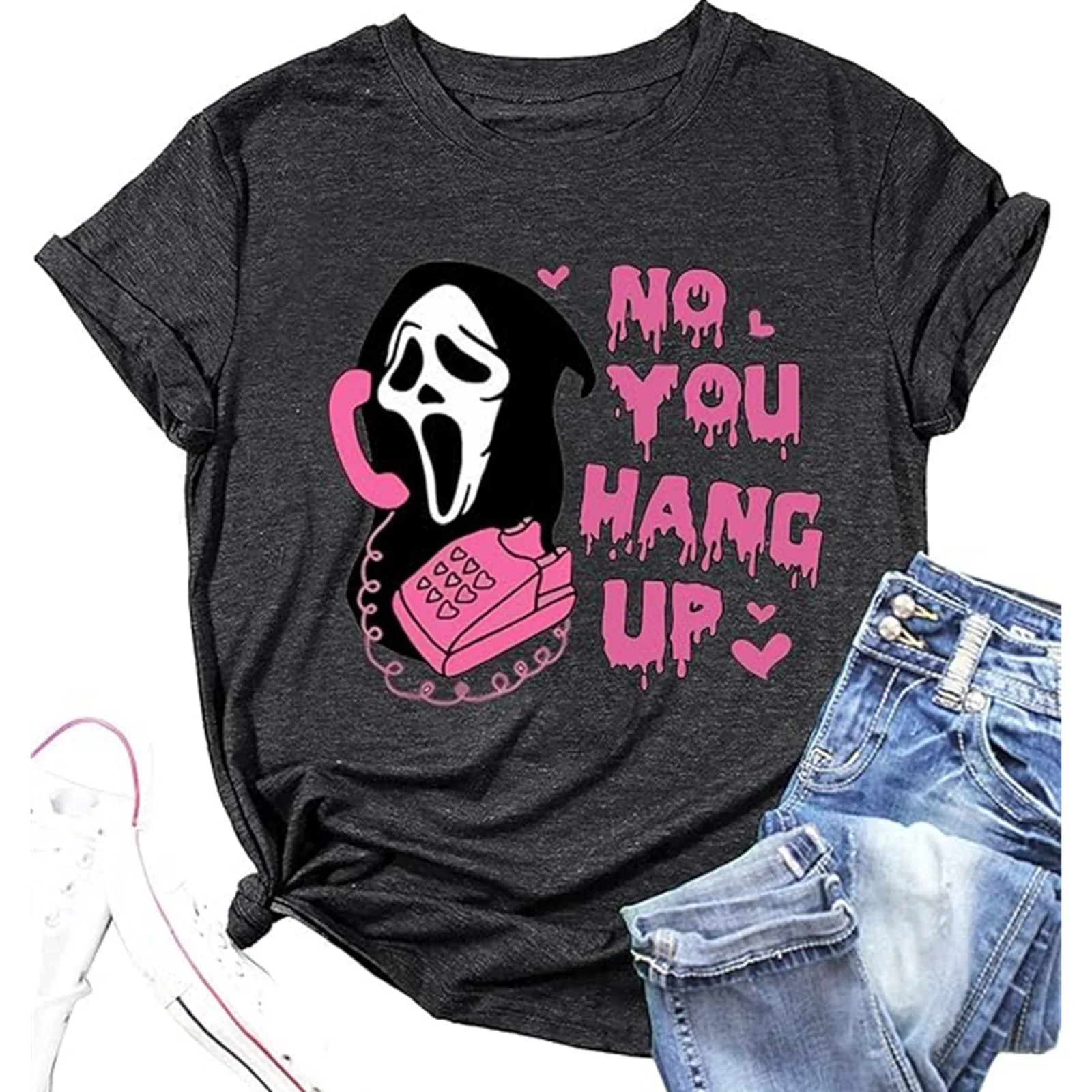 Camiseta con estampado de calavera temática de Halloween, divertida camiseta informal de manga corta con cuello redondo, llamadas de la muerte, No te cuelgues, Vintage, Verano