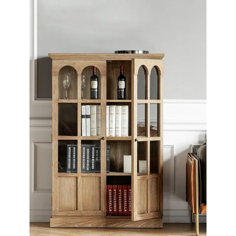 Classic Furniture Bookcase Double Door Side Cabinet Solid Wood Wine Cabinet Retro Locker