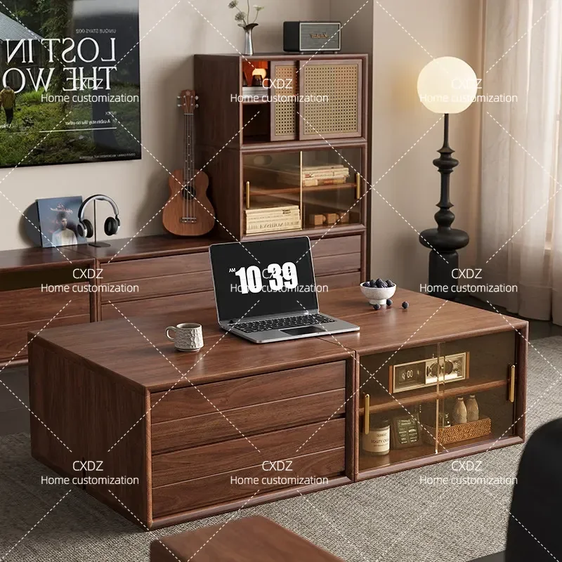 African Black Walnut Solid Wood New Chinese Style Combination Cabinet Bookcase Bedside Table Storage Unit with Rattan and
