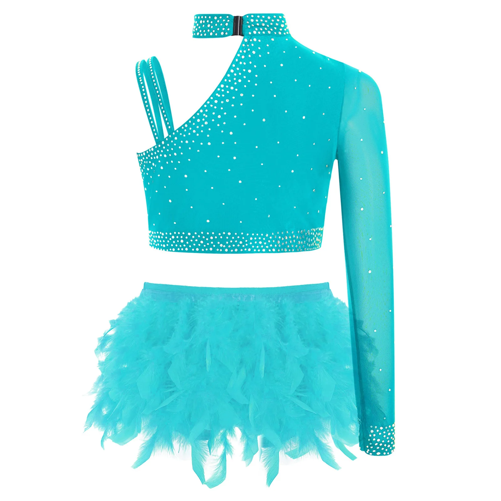 Kids Girls Ballet Dance Gymnastics Performance Costume Rhinestones Crop Tops with Feather Briefs Latin Figure Skating Dancewear
