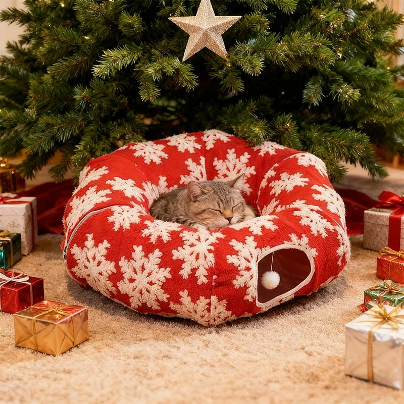 Hot Sale New Red Christmas Cat Drilling Tunnel Cat Nest Folding Multifunctional Kitten Donut Beds Super Soft Plush House Gatos