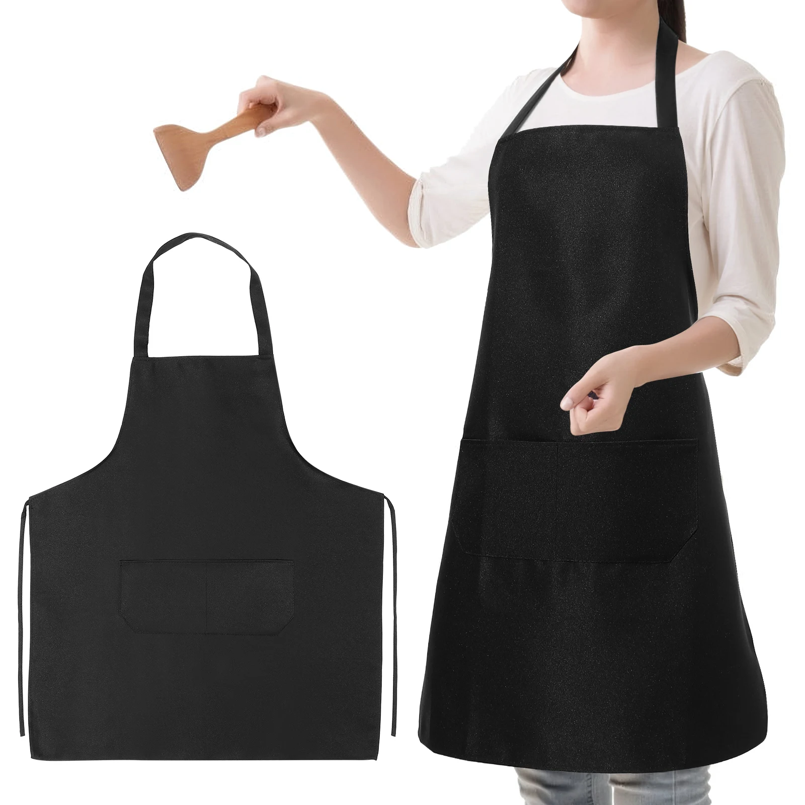 

10pcs Kitchen Apron Black 62x72cm Polyester Bib Unisex Washable Chef Cooking Restaurant Waiter Uniform Pockets