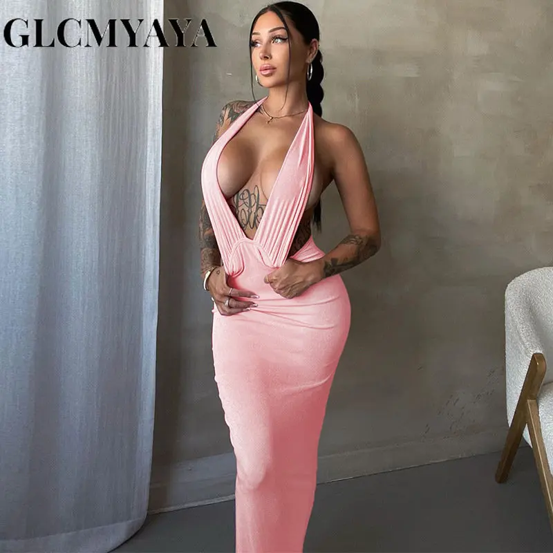 

GLCMYAYA Women Fashion V-Neck Backless Neck-mounted Bodycon Dress 2023 Sexy Stacked Sleeveless Solid One-step Skirt Dresses