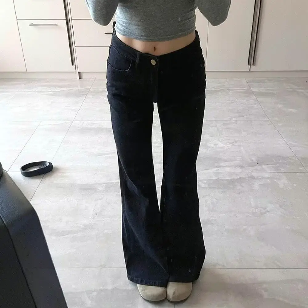 Womens Black High Waist Flared Jeans Slimming Wide Leg Denim Trousers Summer Casual Retro Style Fashion Streetwear Pants
