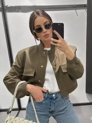 HH 2023 Women Solid Vintage Crop Slim Jacket With Pockets O Neck Long Sleeve Button Coats Lady Streetwear Chic Tops Woman