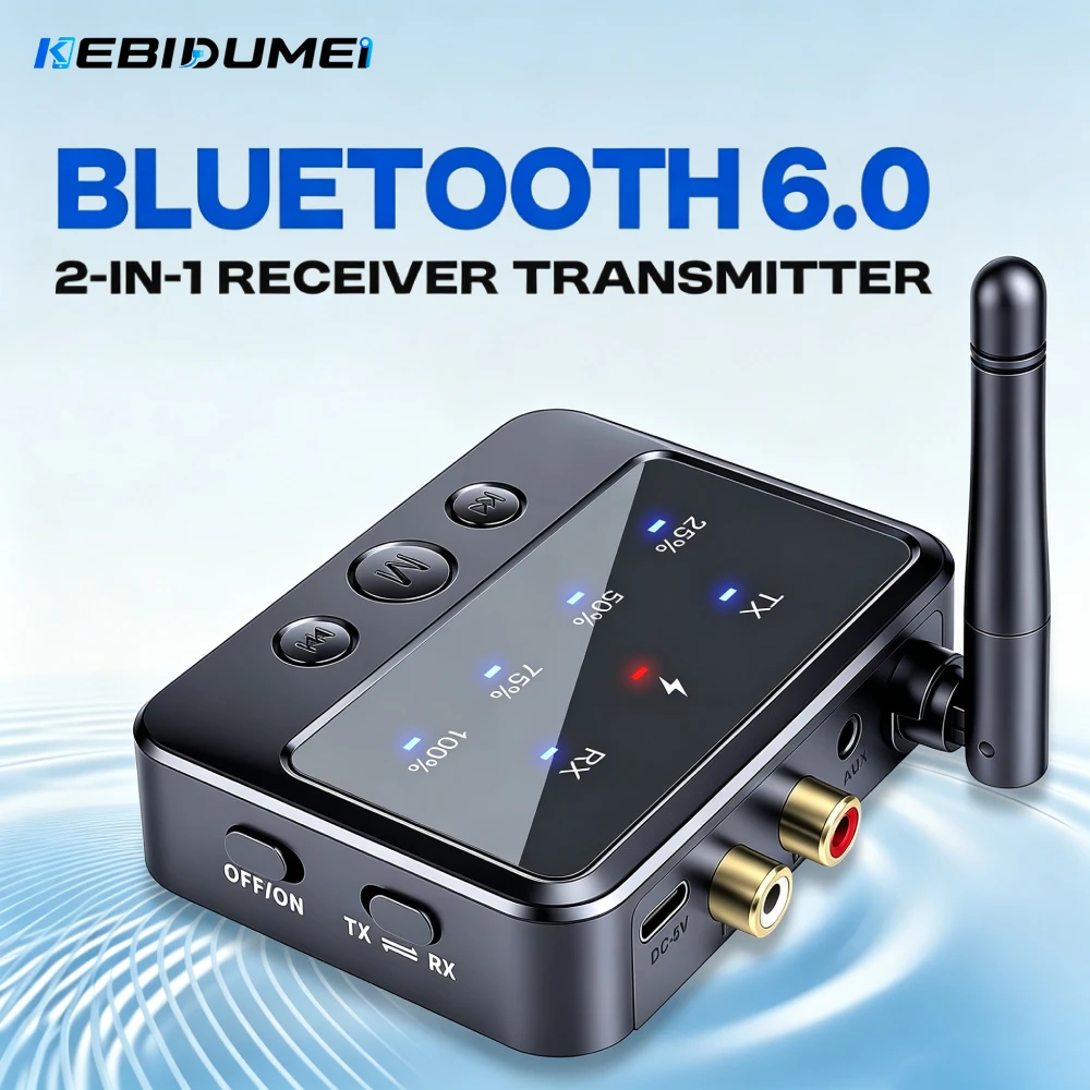 KEBIDUMEI 2 In 1 Bluetooth 6.0 Audio Receiver Transmitter 3.5MM AUX RCA Stereo Wireless Adapter For Car PC TV Headphones