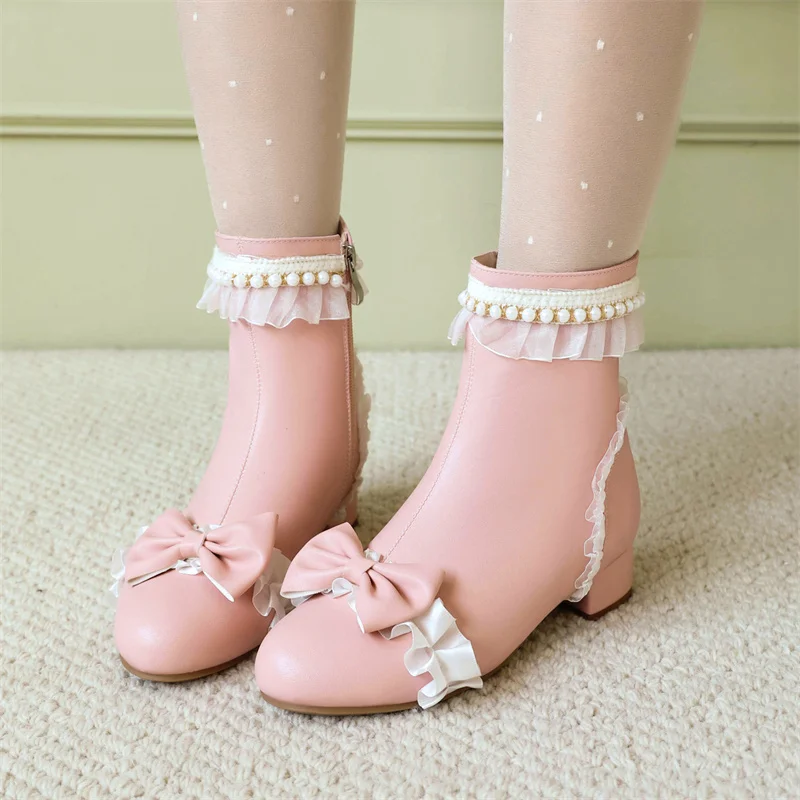 YQBTDL 2025 Ladies Pink String Bead Boots Ivory White Lace Pleated Bowknot Lolita Black Pearls Block Heels Party Shoes for Women