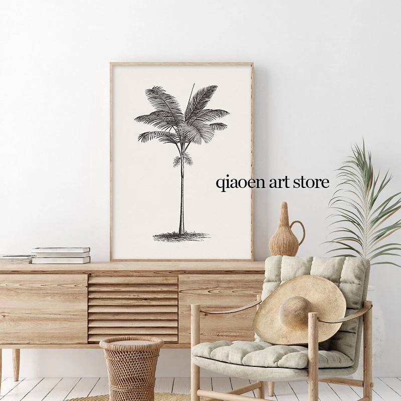 Palm Tree Sketch Vintage Tree Drawing Poster Print Canvas Painting Botanical Neutral Wall Art Picture for Living Room Home Decor