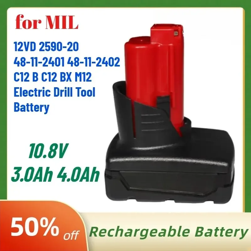 

10.8V 3.0Ah 4.0Ah Rechargeable Battery for MIL 12VD 2590-20 48-11-2401 48-11-2402 C12 B C12 BX M12 Electric Drill Tool