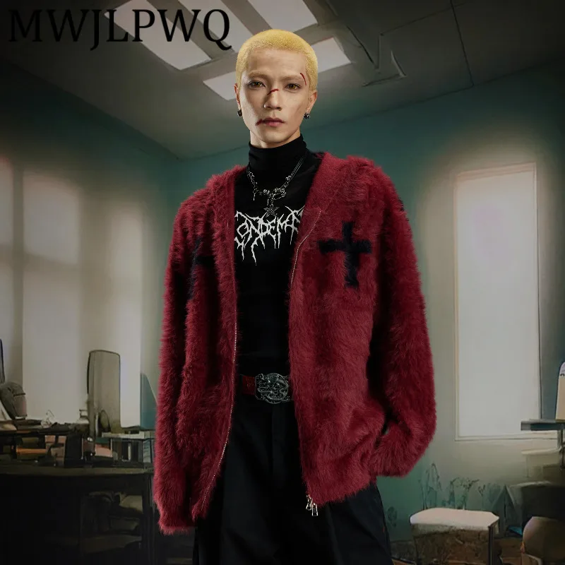 

MWJLPWQ Men's Y2K Printed Fur Design Hooded Lazy Sweater High Street Long Sleeve Casual Zipper Autumn Cardigan Knitwear 12231