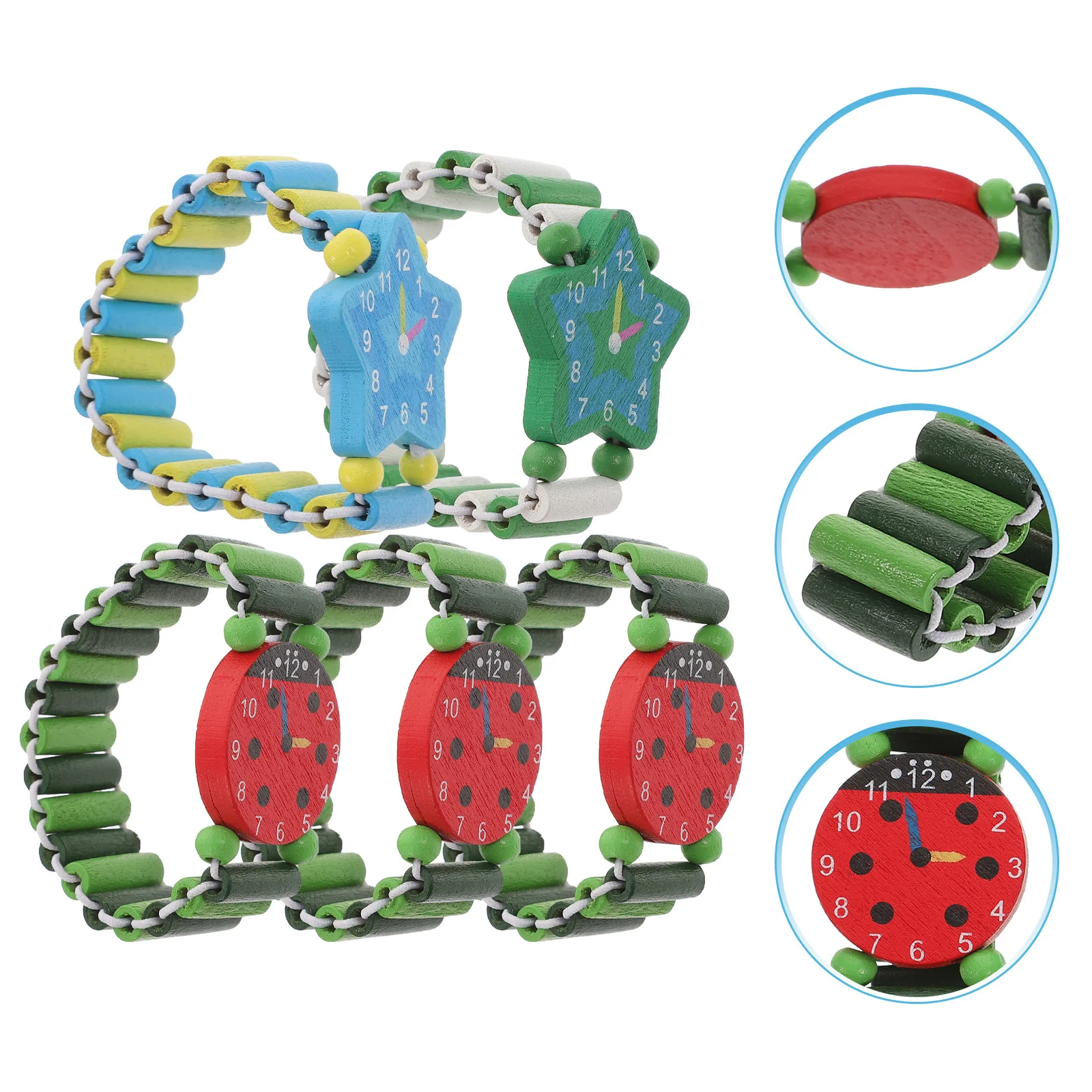 5Pcs Colorful Wooden Cartoon Watches Simulation Bracelet Educational Time Cognitive Early Learning Play
