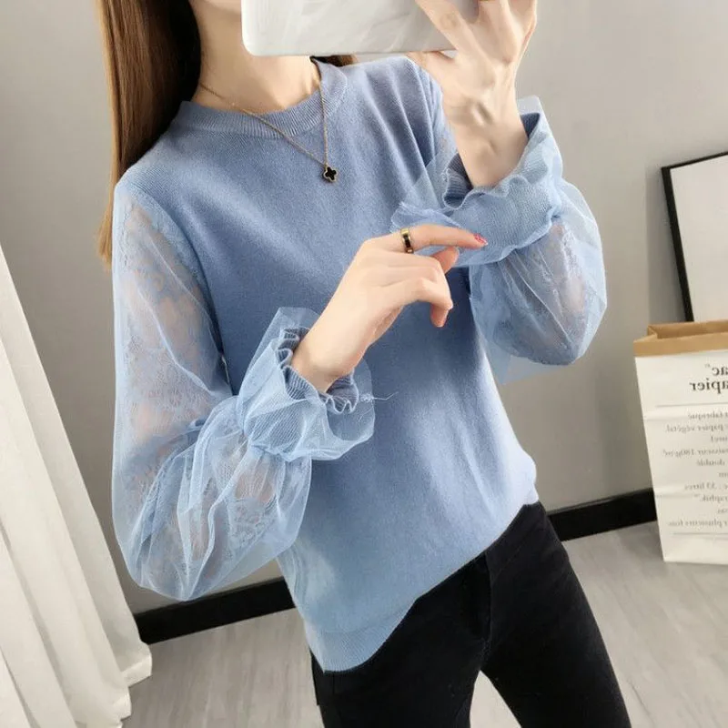 Mori Girl Style Lace Gauze Patchwork Thick Flare Sleeve O-Neck Multiple Colors Knitting Sweaters Ladies Autumn Clothing Grace