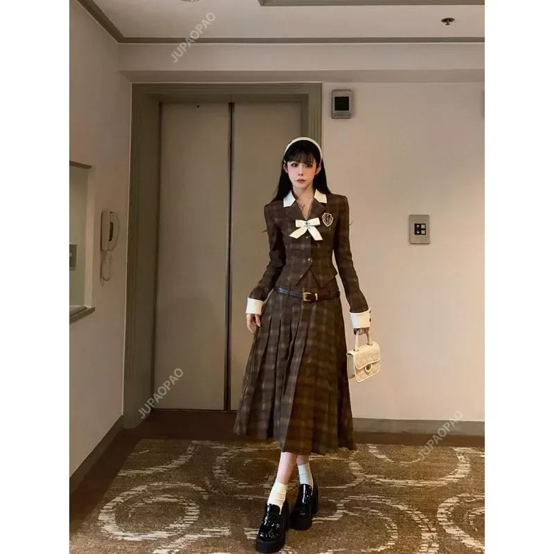 Women's Suit New Brown Plaid Waist Reduction Single breasted blazer+High Waist Pleated Short/Long skirt Sweet Commuter Two Piece