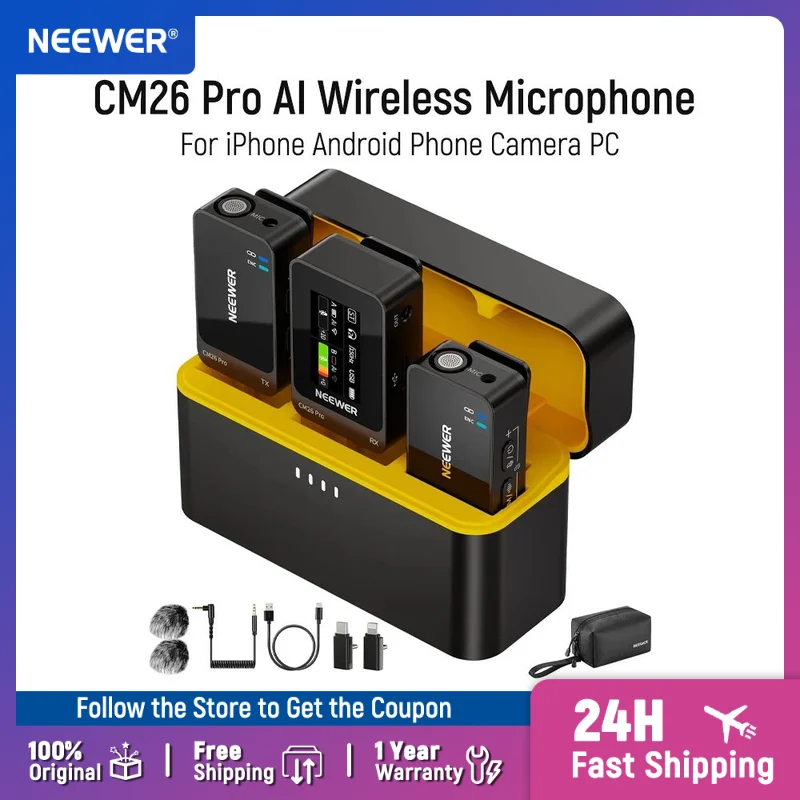

NEEWER CM26 Pro AI Wireless Microphone for iPhone Android Phone Camera PC Lavalier Lapel Mic DSP/MCU Noise Cancellation Mute