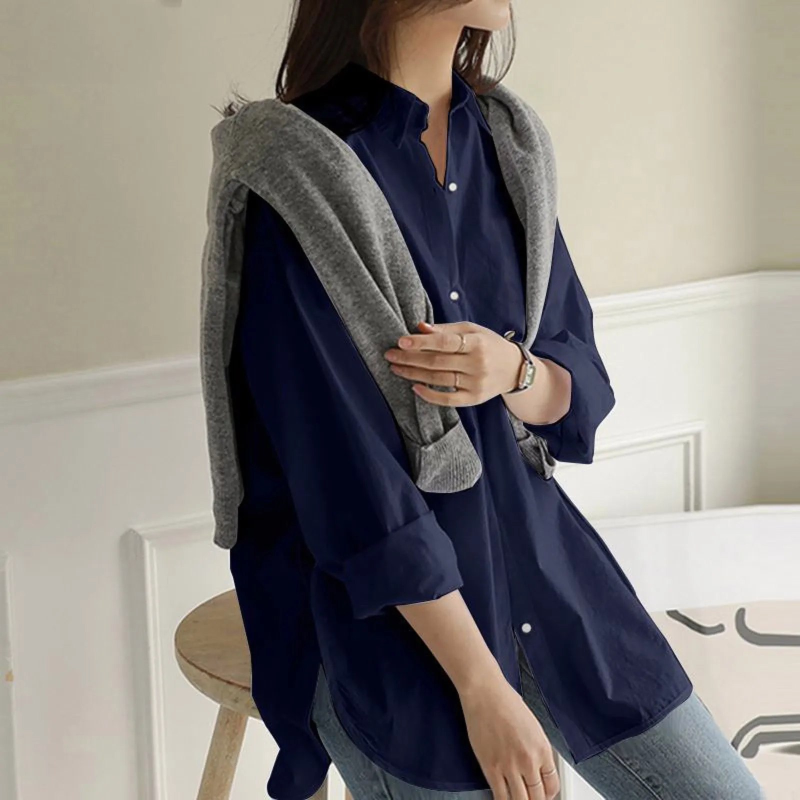 Solid full Sleeve Women Shirts Loose Size Button Open Stitch Lady Blouse Casual Long Clothing Basics Female Blouse Tops