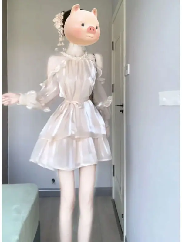 

Ацетатное атласное платье в стиле принцессы с длинными рукавами, завышенной талией и пышной юбкой для городских прогулок, уличных фотосессий, свиданий и многого другого