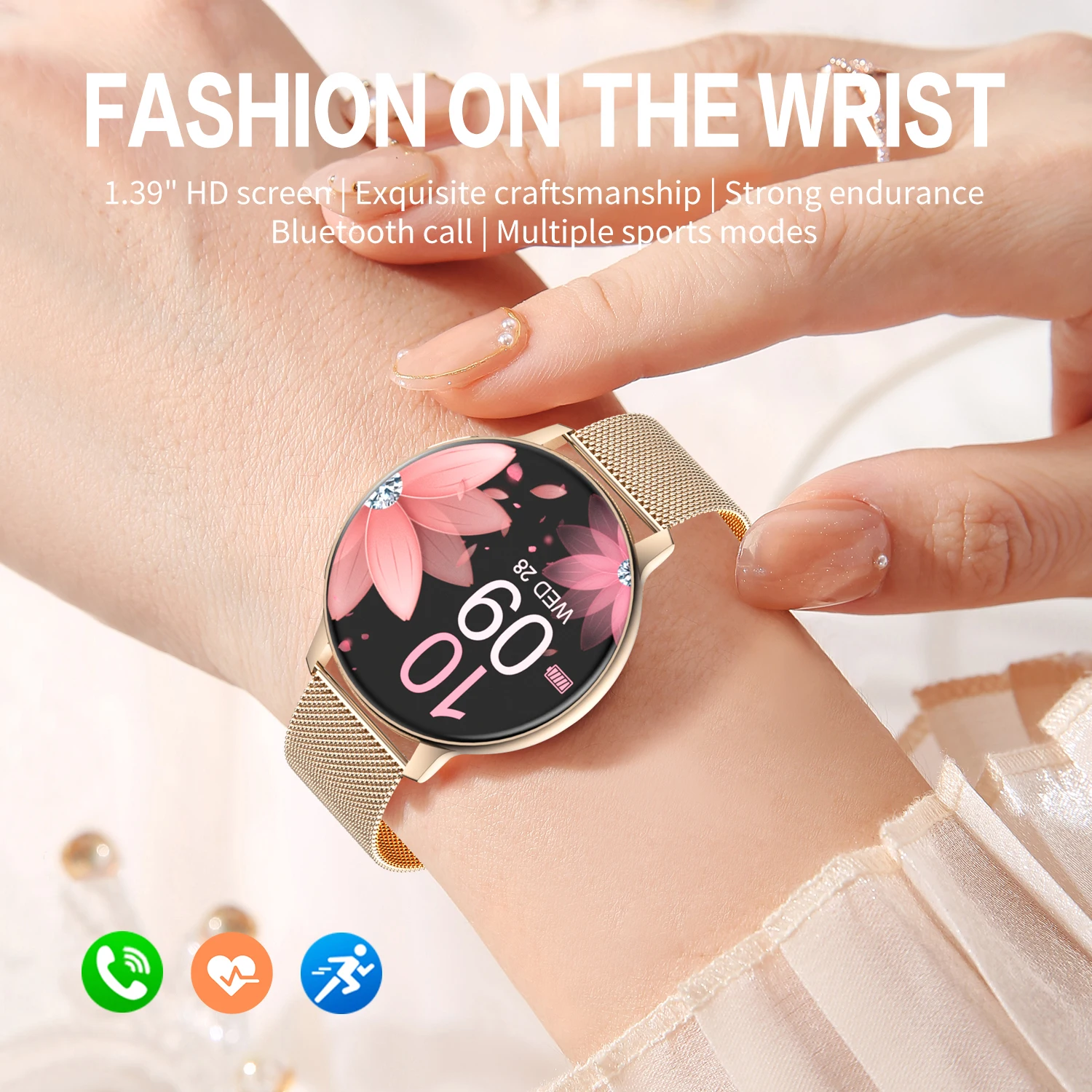 

Women Smart Watch 1.39" Full Touch Screen Call Sport Watch Heart Rate Blood Pressure Custom Dial Waterproof Ladies Smartwatch