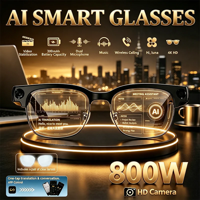 New 800W HD AI Smart Glasses Record Video 300mAh Battery AI Translation Hi-Fi Sound Quality Music Player Glasses with Camera