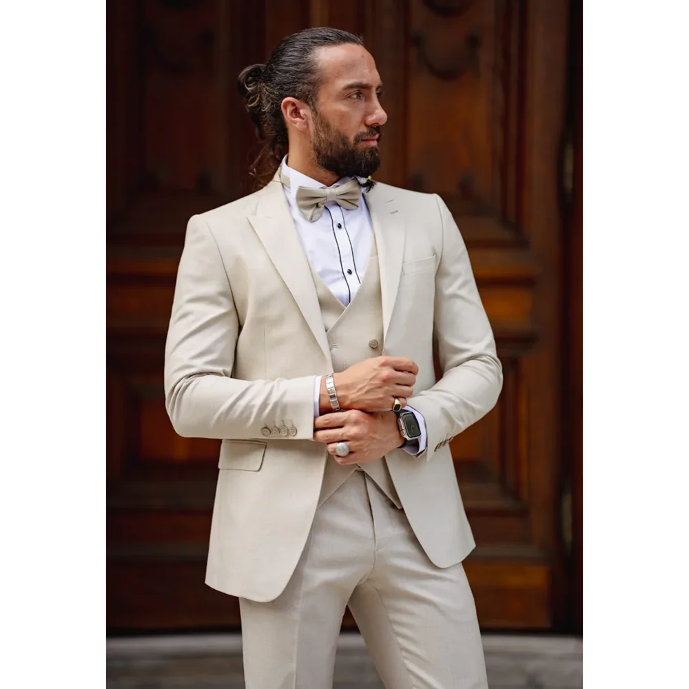 Elegant Beige Men Suits 3 Piece Chic Single Breasted Peak Lapel Blazer Sets Smart Casual Wedding Tuxedo (Jacket+Vest+Pants)