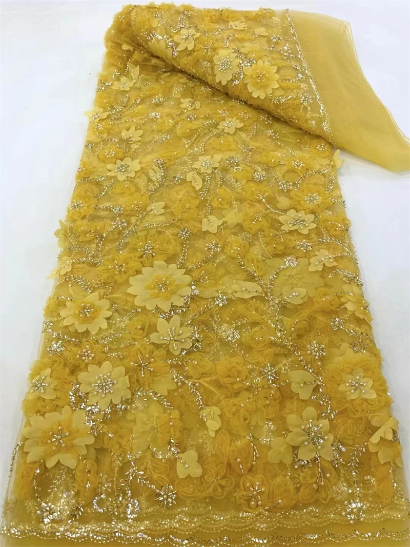 High Quality Tulle Lace Fabric, African Embroidery, French 3d Flower Sequins, Wedding Party Dress, Beaded, Latest,Yellow, 5Yards