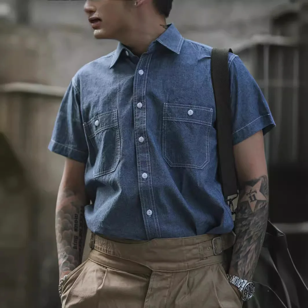 NON_STOCK Cotton Youth Cloth Short Sleeve Work Shirt Men's Basic Casual Shirt