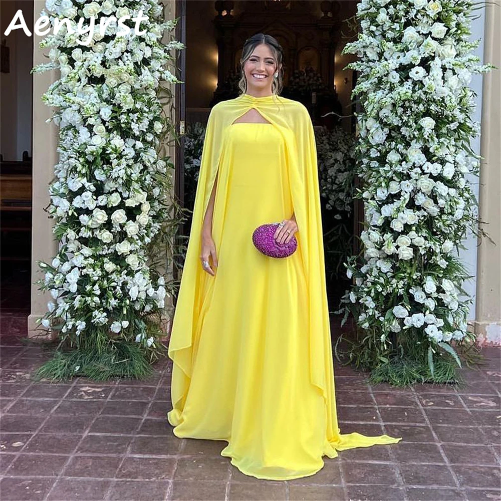 Aenyrst Saudi Arabia Yellow Strapless A Line Evening Dresses With Jacket Chiffon Holiday Gowns Floor Length Dinner Party Dress