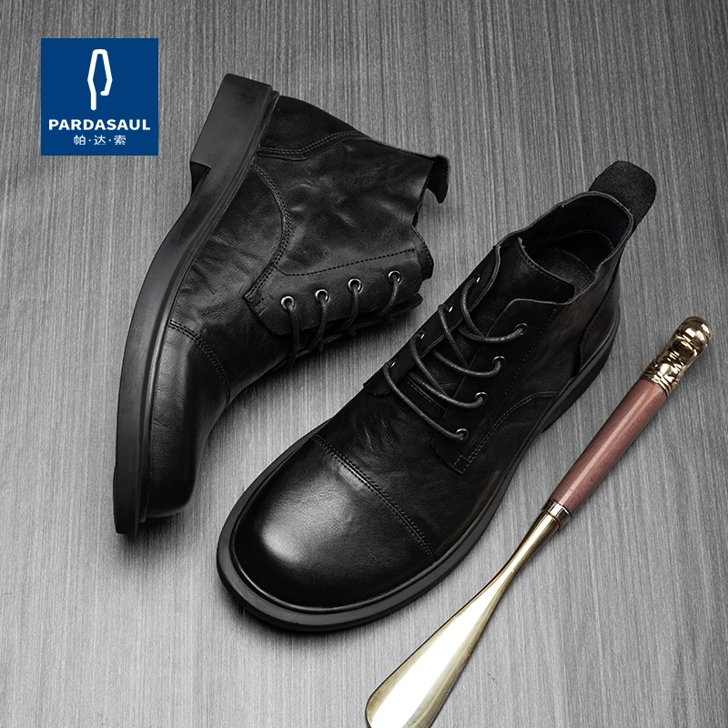 Men's round toe comfortable leather casual shoes versatile British fashion mid top men's boots 221121 - Image 3