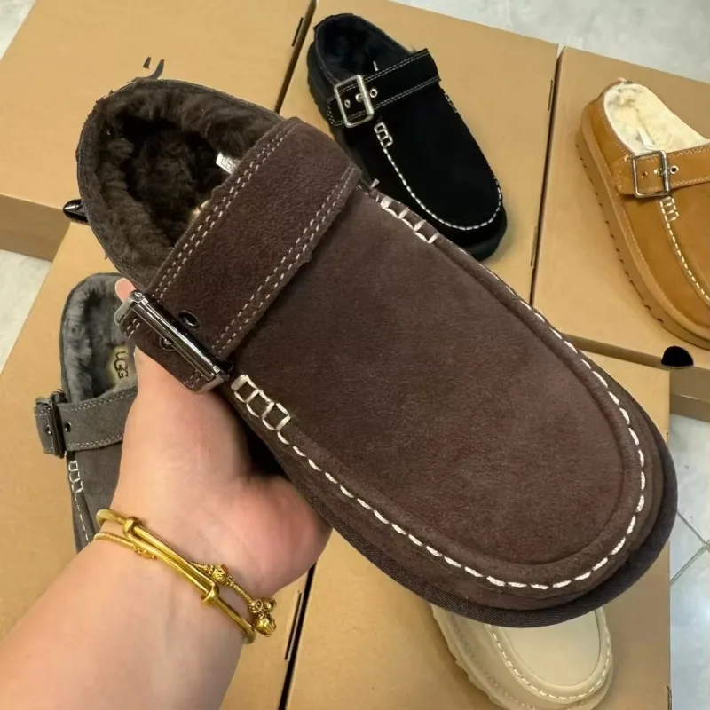 2027 Winter High-quality Short Women Casual Sheepskin Leather Slippers Warm Thick Sole Retro Buckle Fur Lining Cotton Shoes Y2K