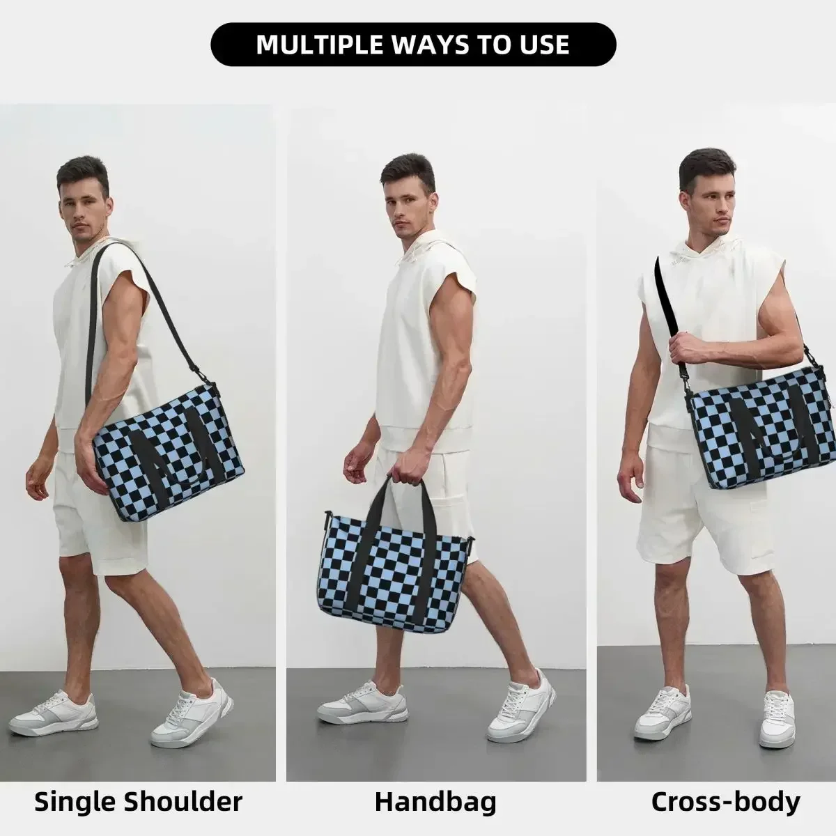 

Black And Blue Checkered Beach Travel Bag Large Capacity Tote Bags for Gym Sport Women Shopping Duffle Shoulder Bag