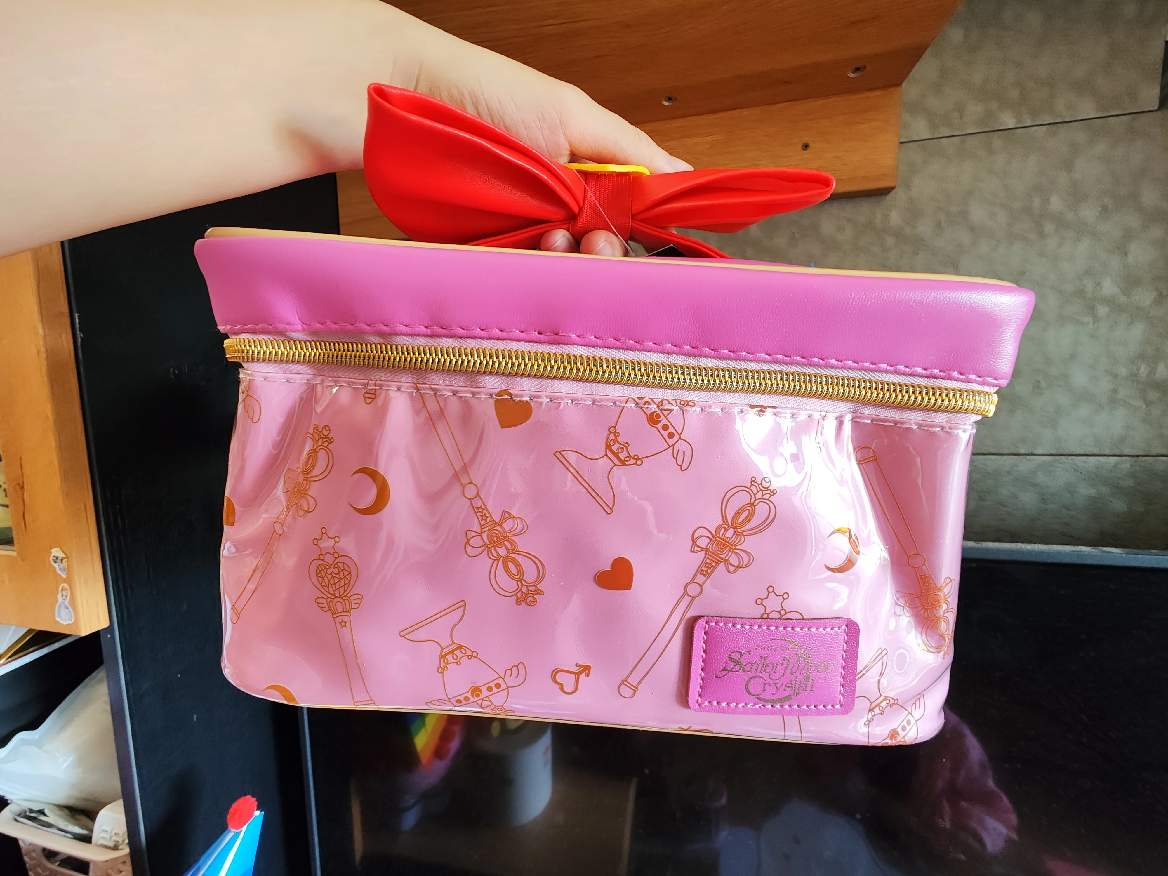 Makeup Bag For Women Girl Portable Cartoon Crystal Moon Cute Bowtie Handle , Large Capacity Storage Bag Travel Tool Handbag