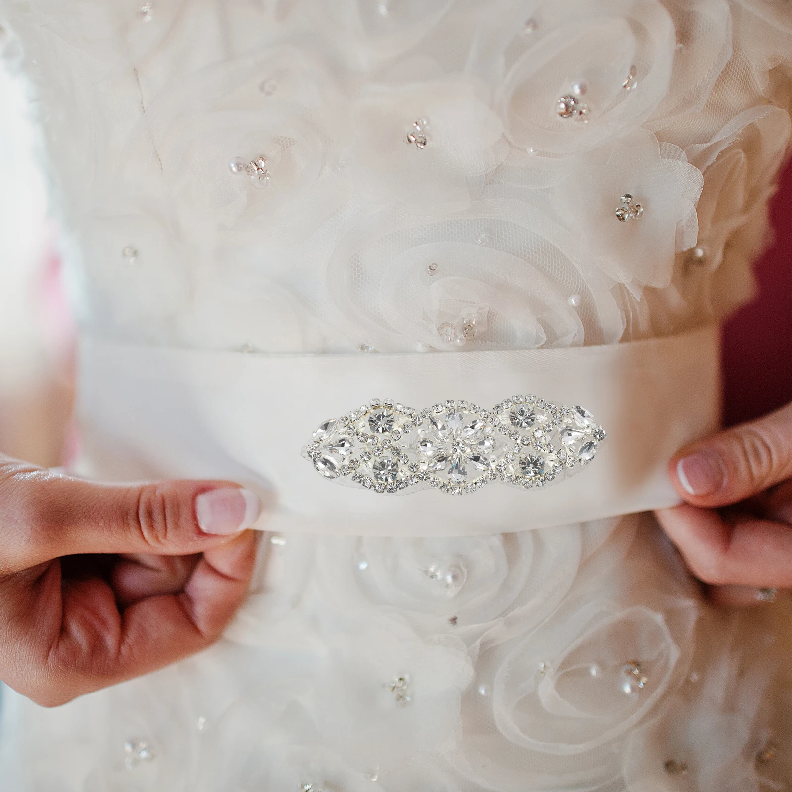 

2pc Bride Waistband Crystal Applique Beaded Decor Wedding Belt For Bridal Gown Evening Prom Dress Silver White