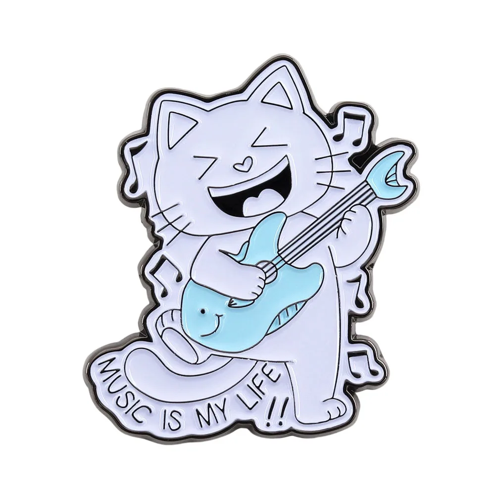 Adorable Guitar-Playing Cat Enamel Brooch Music Is My Life Cartoon Lapel Pin A Gift For Musicians And Cat Lovers