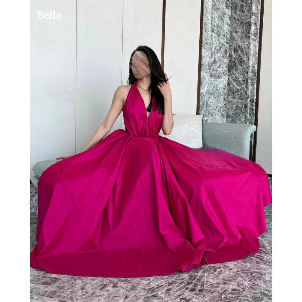 

Bella Fuchsia Halter Neck Prom Dresses Satin A-line Wedding Dress Elegant Sleeveless Ankle-Length Pleats Vestidos De Fiesta 2024