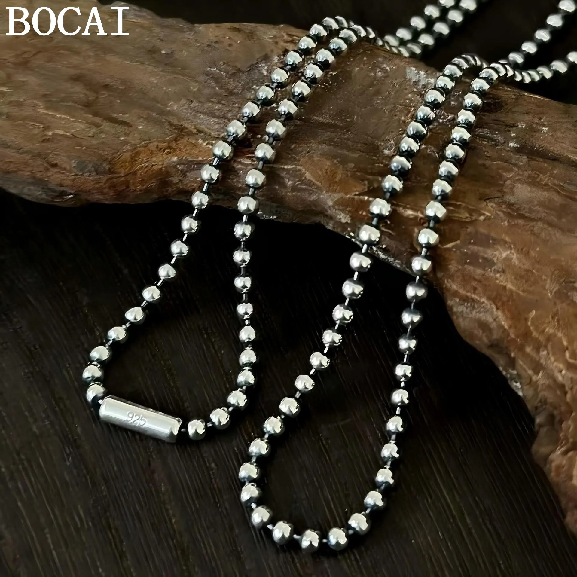 BOCAI New 925 Silver Retro Simplicity Round Bead Necklace Selected Gifts for Men and Women