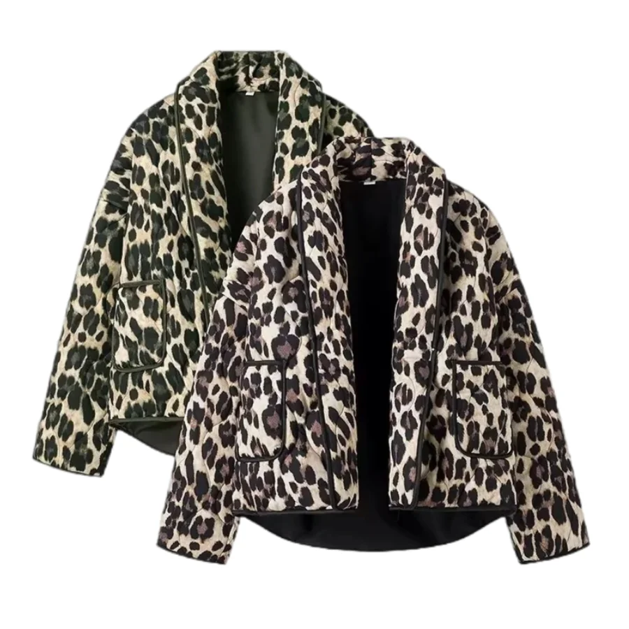 Vintage Fashion Leopard Print Loose Jacket Women Winter Casual Cardigan Top Streetwear Quilted Coat Chic Female New in Outfit