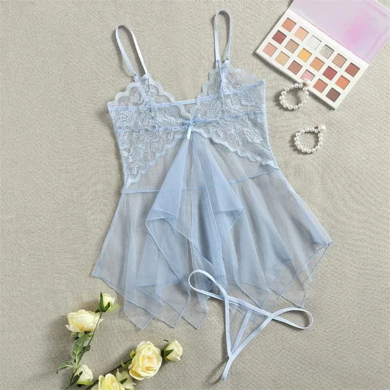 New Women Underwear Sexy Hot Mesh Perspective Cute Tulle Nightdress Seductive Lingerie Set Flirty Transparent Tempting Nightgown