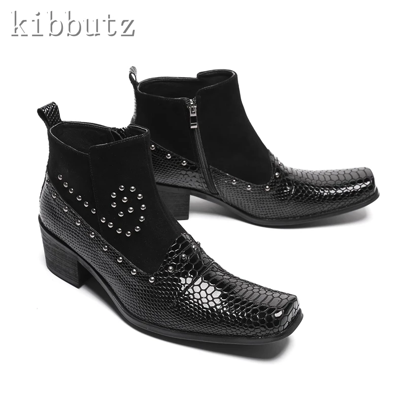 Men Square Toe Genuine Leather Boots Brand Design Patchwork Rivets High Heels Short Boots Comfortable Chelsea Ankle Boots