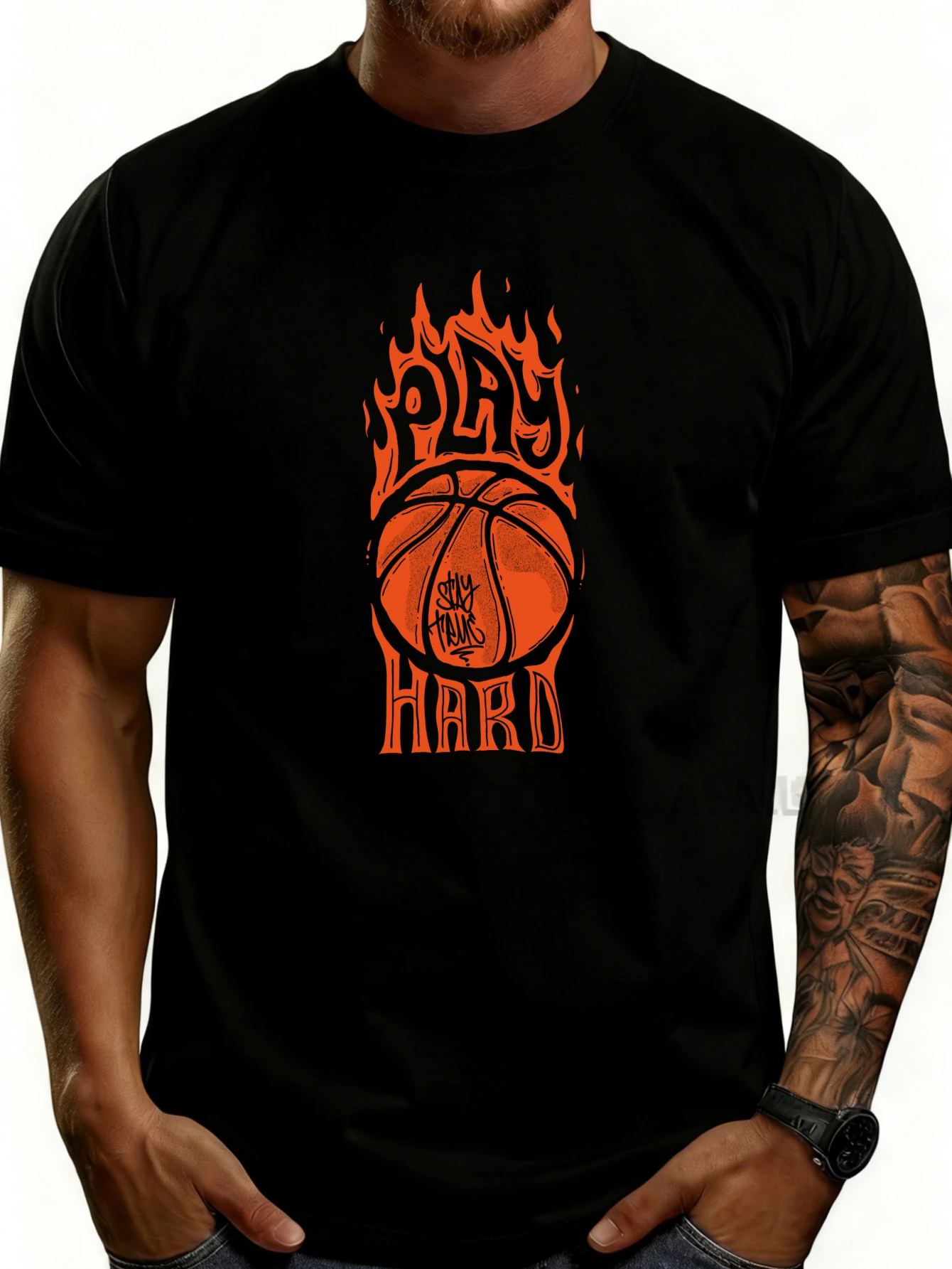 Casual Sports Style Men's T-Shirt, Featuring a Hardcore Basketball Flame Design, Suitable for Summer and Autumn Wear, Is a Gift for Basketball Fans and Sports Enthusiasts.