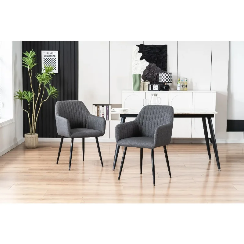 Dining Chair in Dark Grey Linen with Black Legs, 2 Pack，Modern Dining Chair ，Wear-resistant and soft