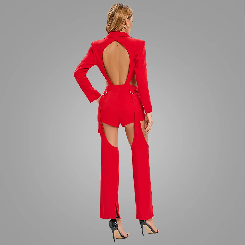 Rote Frauen Anzüge Hosen Set Kleidung weibliche sexy hohle rücken freie Laufsteg Hochzeit Smoking tragen Jacke lässig heiße Mädchen Mantel Hose