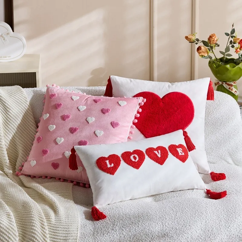 Pink Red Towel Embroidered Couple's Pillow Cover Valentine's Day Love Throw Cushion Cover Headboard Pillowcases 30x50/45x45cm
