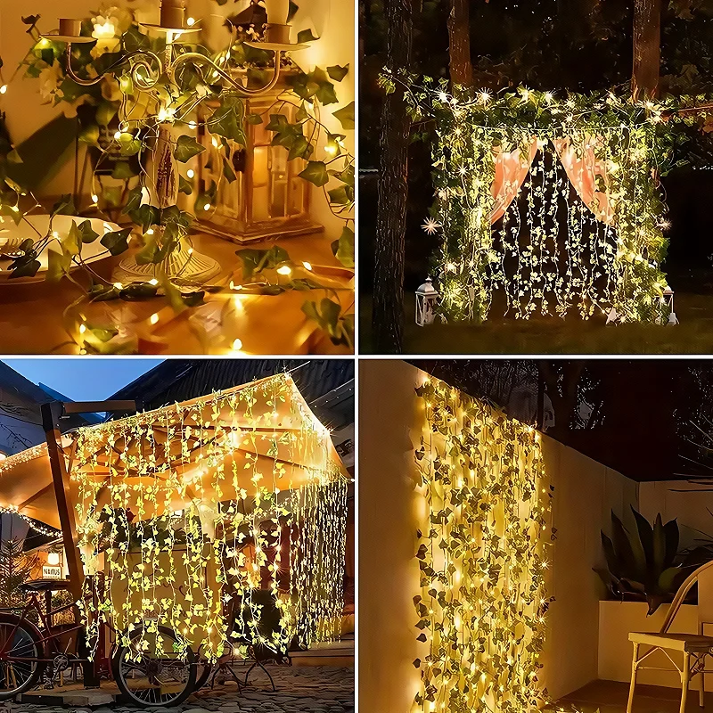 12mSolar Ivy String Lights LED Outdoor Vite artificiale Ghirlanda di Natale Fata String Lampada per piante Foglia d'acero Stringa di rattan verde