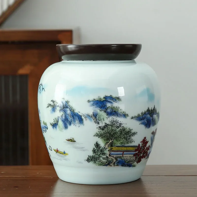 High-grade Ceramic Tea Pot Landscape Sealed Storage Porcelain Bottle Decoration