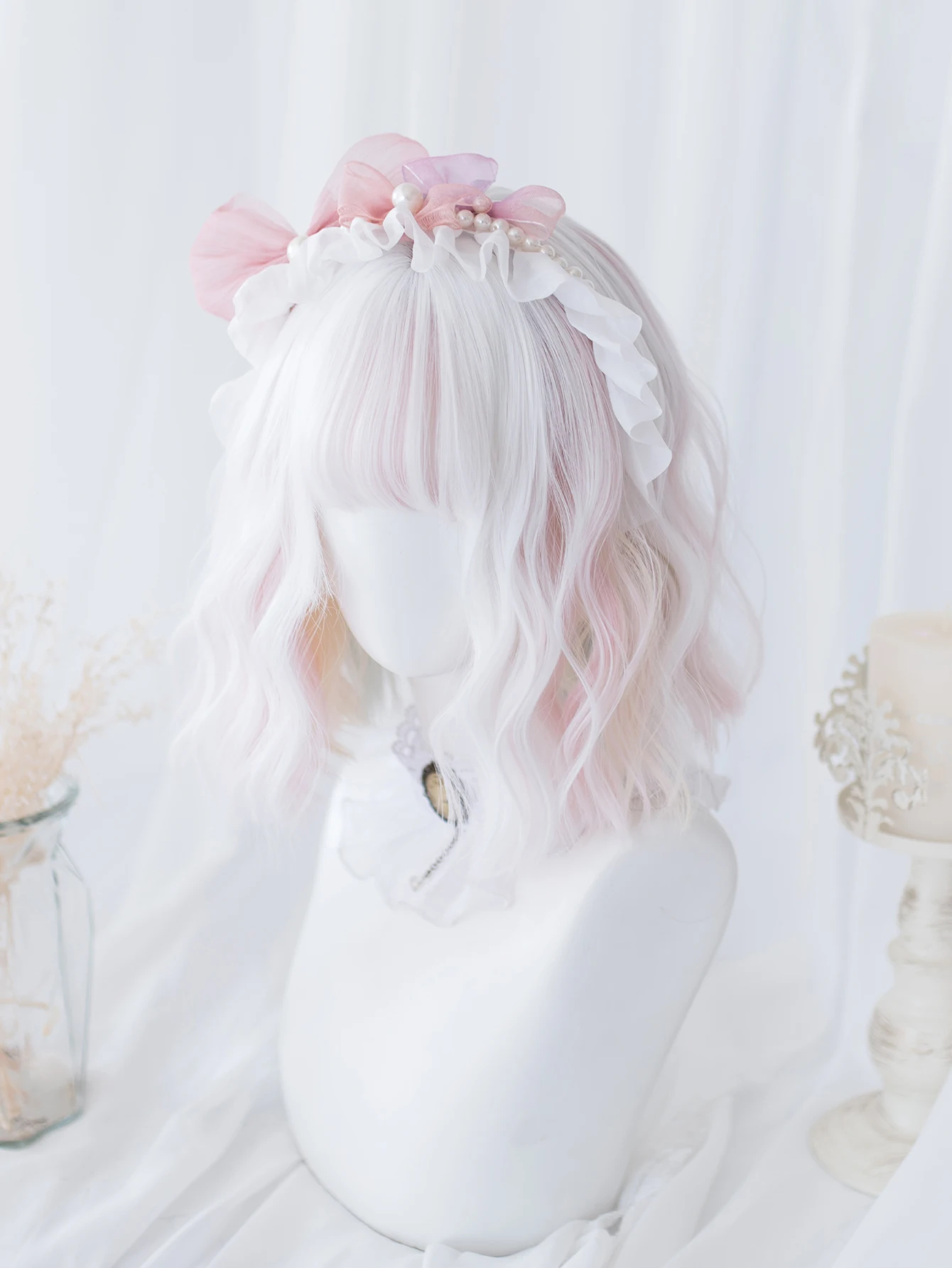 12Inch White Pink Double Color Synthetic Wigs With Bang Short Natural Wavy Hair Wig For Women Cosplay Heat Resistant