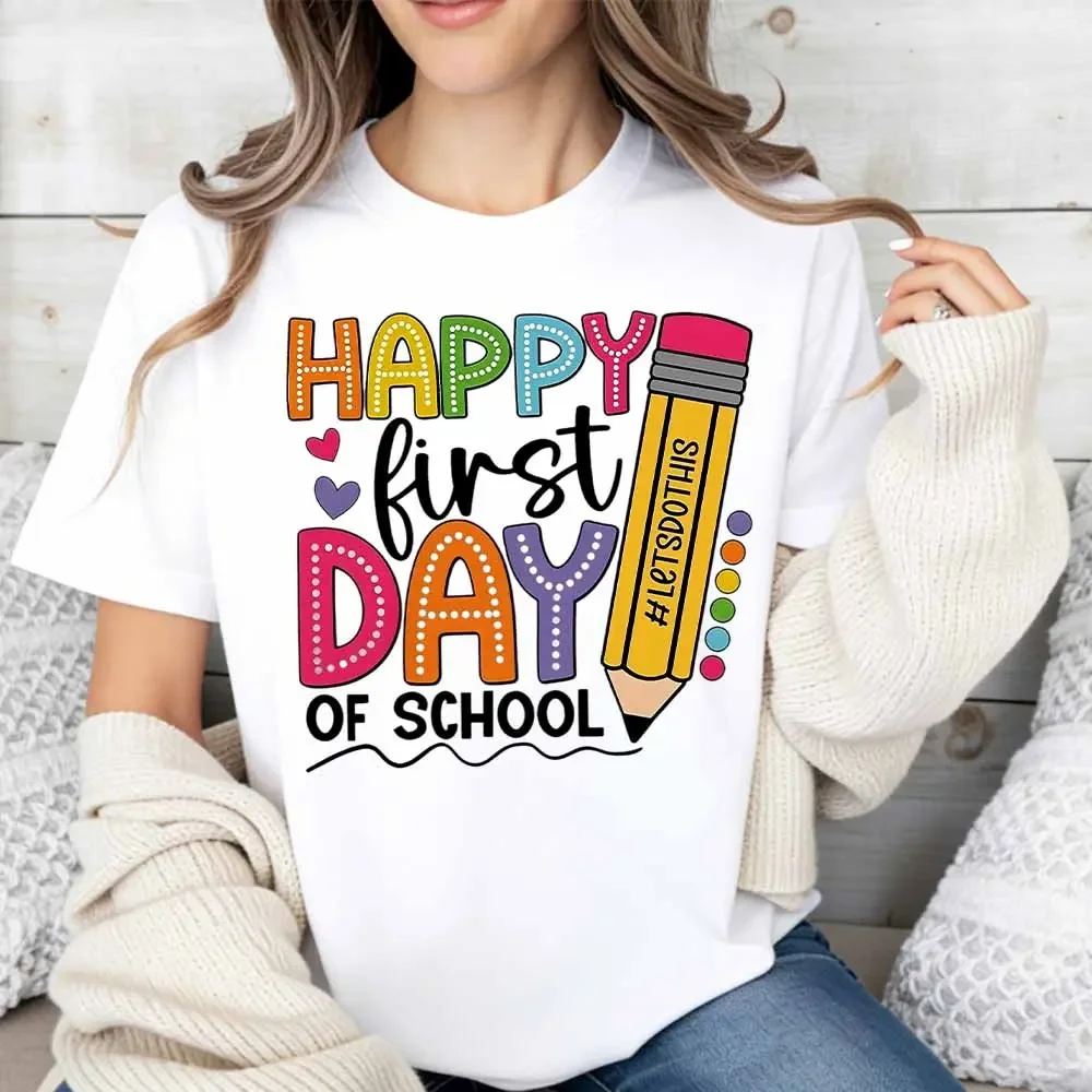 Happy First Day Of School With Pencil And Colorful Letters Print T Shirt Women Casual Short Sleeve Top Summer Fashion Trendy Graphic Tee