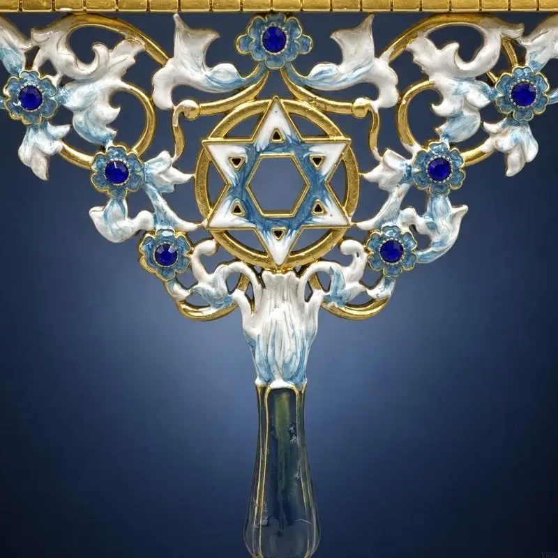 Decorative Jewish Stand with Blue, White, and Warm Gold Tones, Nine Positions, and Enamel-Like Metal Finish for Y5GB