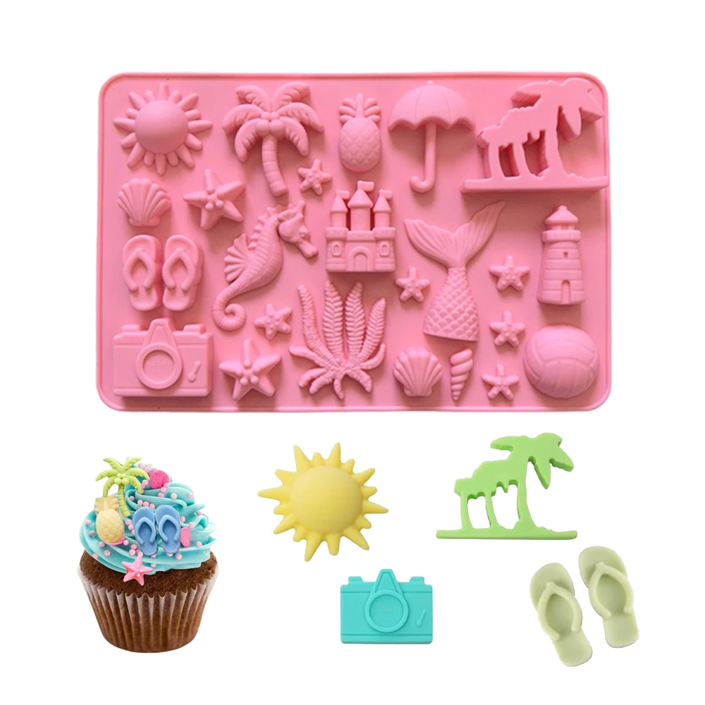 3pcs Summer Beach Themed Silicone Molds, Suitable for Chocolate, Coconut Tree, Starfish, Shell, Lighthouse, Pineapple Shaped