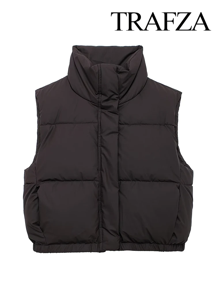 TRAFZA Gilet corto in cotone laminato caldo moda invernale da donna Collo alto femminile Elegante gilet in cotone casual con cerniera Mujer