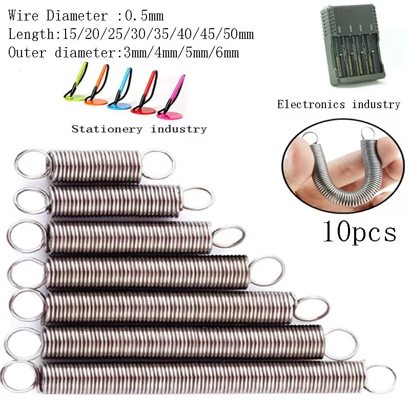 10PCS 304  Steel Dual Hook Small Tension Spring Hardware Accessories Wire Dia 0.5mm Outer Dia  3mm/4mm/5mm/6mm Length15-50mm