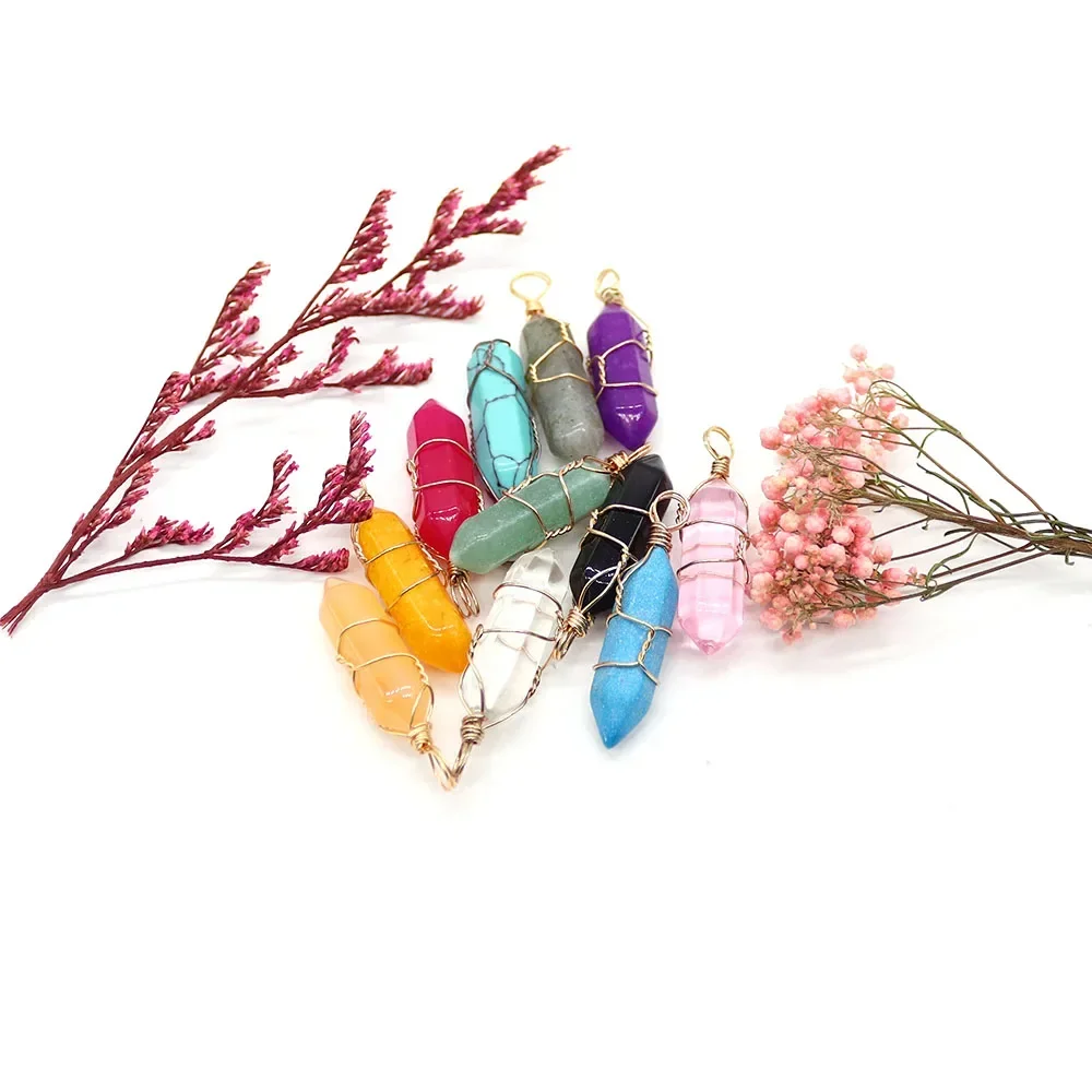 Fashionable Natural Crystal Agate Polished Double-pointed Hexagonal Column Handmade Wire-wrapped Single-hole Pendant DIY Jewelry